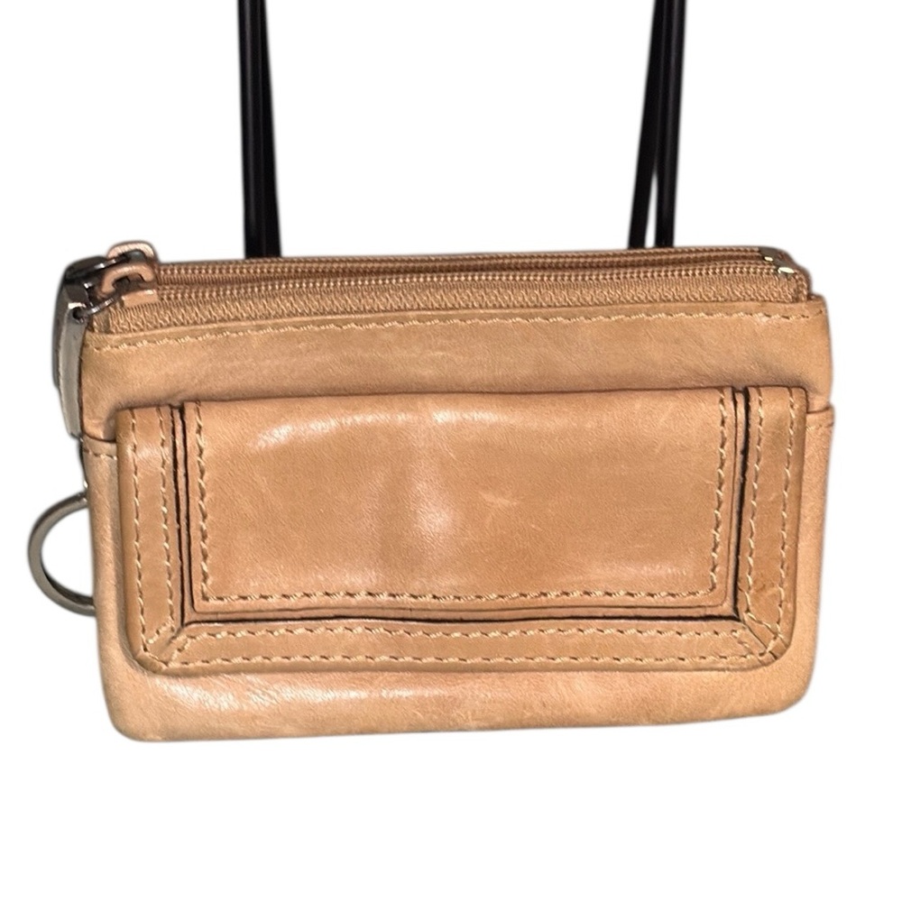 Fossil Tan Leather Key Ring Pouch Zip Pouch Card Case Wallet Keychain EUC